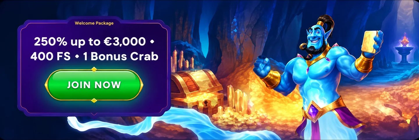 WishWin üdvözlő csomag – 250% akár 3 000 euróig, 400 ingyenes pörgetés és 1 Bonus Crab